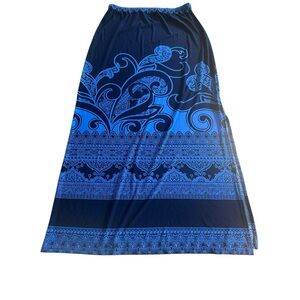 Susan Graver Liquid Knit Blue Paisley Maxi Skirt Pull On USA Made S/M Stretchy